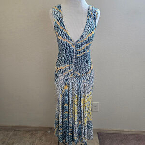 Women's Just Cavalli Blue Yellow Print Midi Dress Size XS 2 38